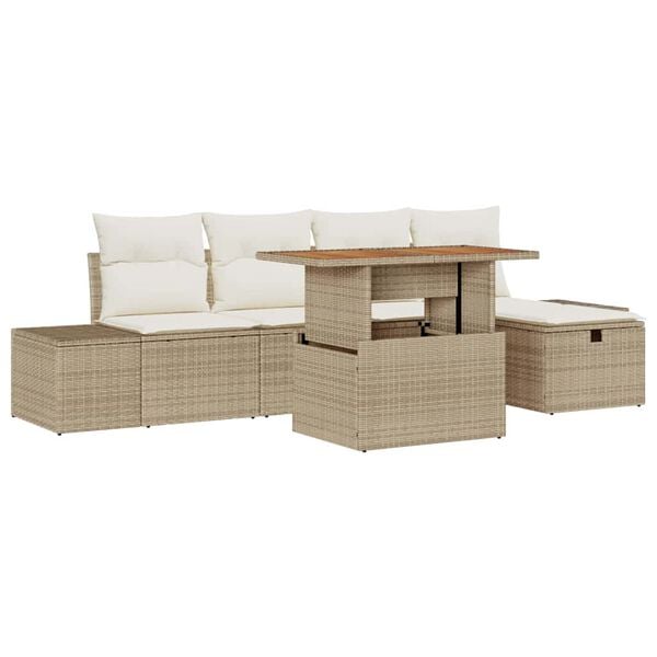 vidaXL Garten-Sofa-Set mit Kissen mit Speicher 6 pcs Beige Poly Rattan