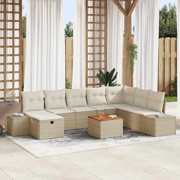 vidaXL Garten-Sofa-Set mit Kissen mit Speicher 9 pcs Beige Poly Rattan