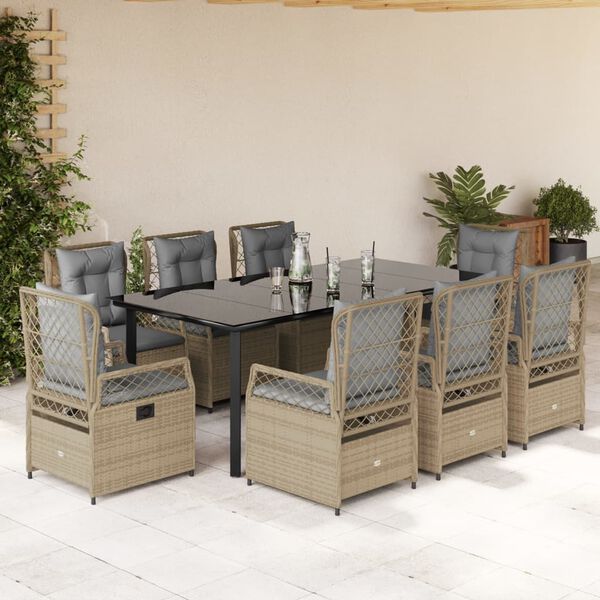 vidaXL 9-tlg. Garten-Essgruppe mit Kissen Beige Poly Rattan