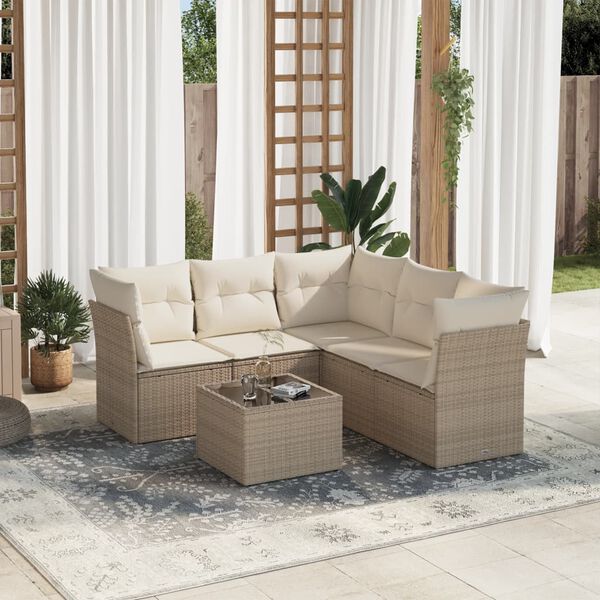 vidaXL 6-tlg. Garten-Sofagarnitur mit Kissen Beige Poly Rattan