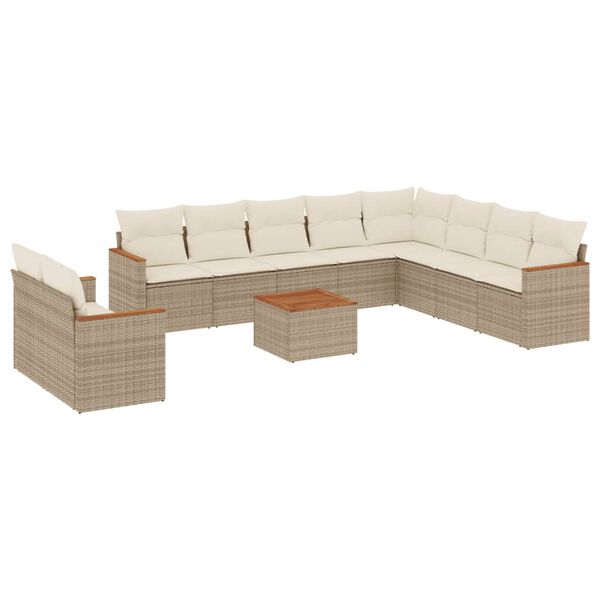 vidaXL 11-tlg. Garten-Sofagarnitur mit Kissen Beige Poly Rattan