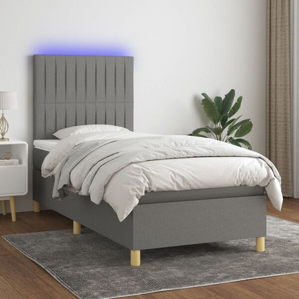 vidaXL Boxspringbett mit Matratze & LED Dunkelgrau 90x190 cm Stoff