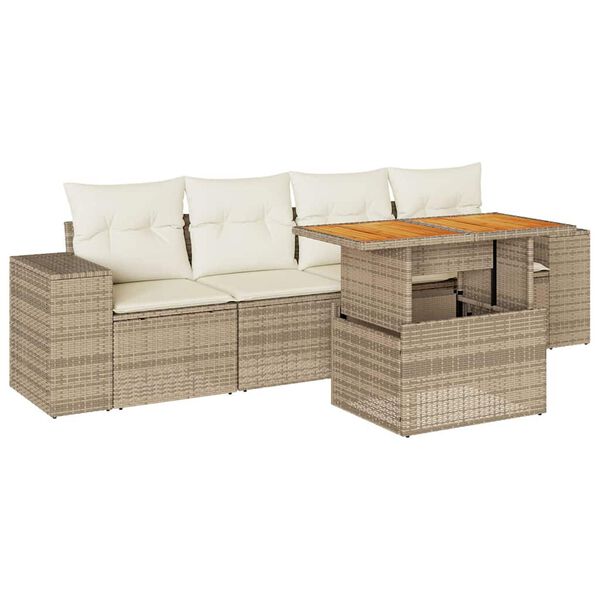 vidaXL 5-tlg. Garten-Sofagarnitur mit Kissen Beige Poly Rattan