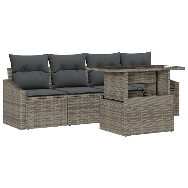 vidaXL Garten-Sofa-Set mit Kissen 5 pcs Grau Poly-Rattan