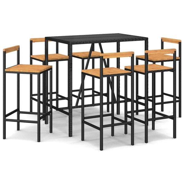 vidaXL 7-tlg. Gartenbar-Set Schwarz Poly Rattan & Massivholz Akazie