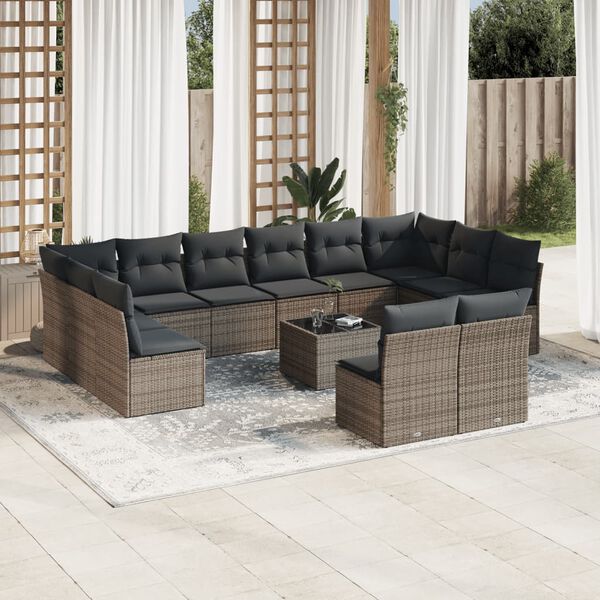 vidaXL 13-tlg. Garten-Sofagarnitur mit Kissen Grau Poly Rattan