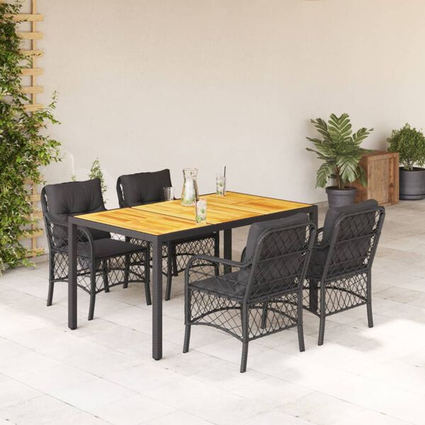 vidaXL 5-tlg. Garten-Essgruppe mit Kissen Schwarz Poly Rattan