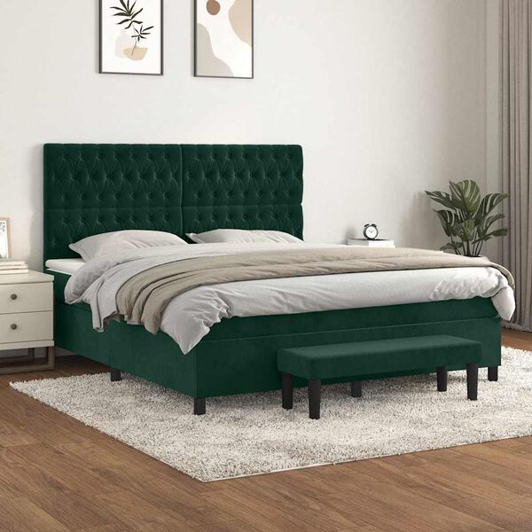 vidaXL Boxspringbett mit Matratze Dunkelgr&uuml;n 180x200 cm Samt