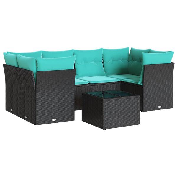 vidaXL 7-tlg. Garten-Sofagarnitur mit Kissen Schwarz Poly Rattan