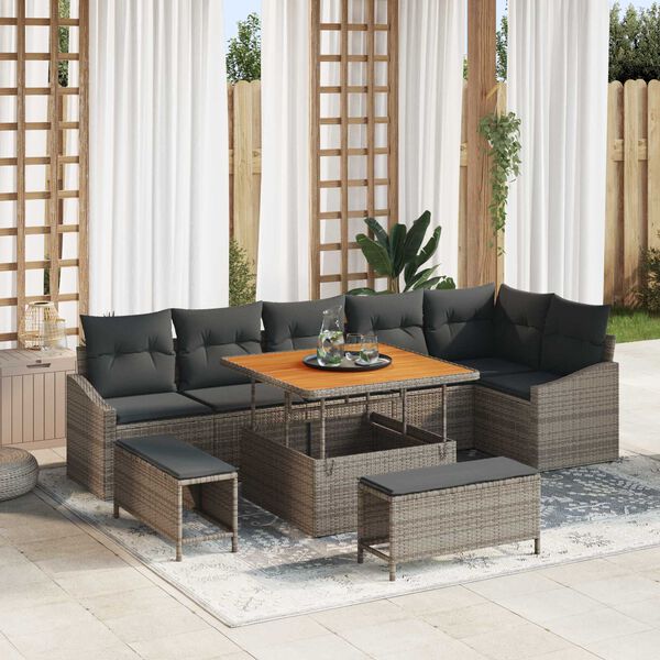 vidaXL Gartensofa-set mit Kissen 9 pcs Grau Poly-Rattan