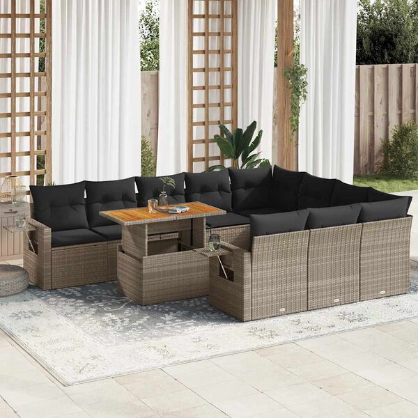 vidaXL 11-tlg. Garten-Sofagarnitur mit Kissen Grau Poly Rattan