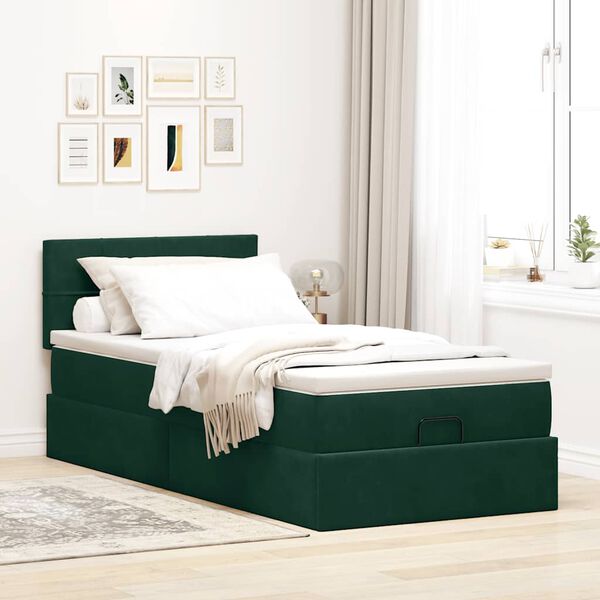 vidaXL Ottoman-Bett mit Matratze & LEDs Dunkelgr&uuml;n 90x190 cm Samt