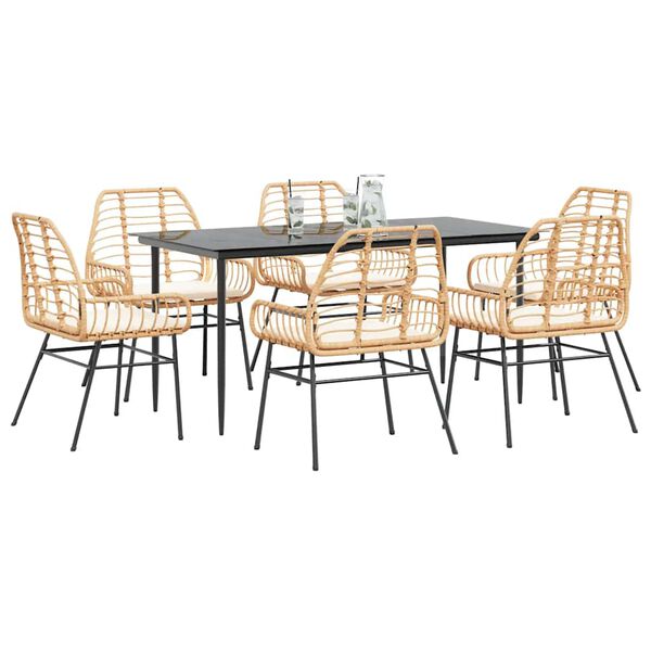 vidaXL 7-tlg. Garten-Essgruppe mit Kissen Braun Poly Rattan Glas