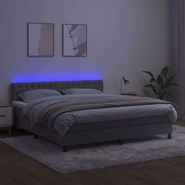 vidaXL Boxspringbett mit Matratze & LED Hellgrau 160x200 cm Samt