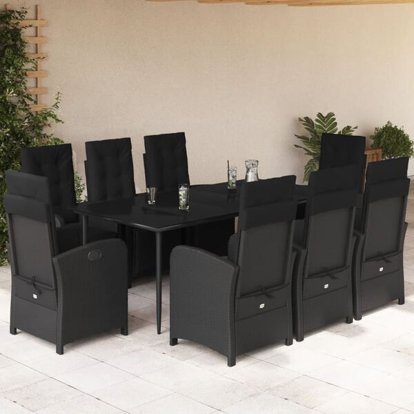 vidaXL 9-tlg. Garten-Essgruppe mit Kissen Schwarz Poly Rattan