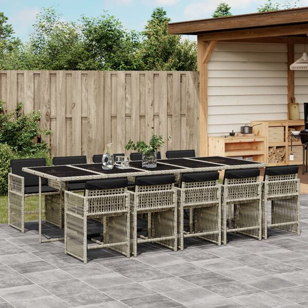 vidaXL 11-tlg. Garten-Essgruppe mit Kissen Hellgrau Poly Rattan
