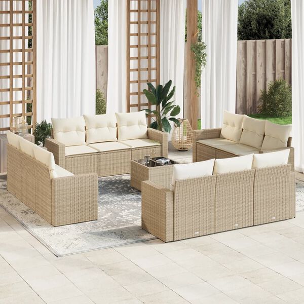 vidaXL 13-tlg. Garten-Sofagarnitur mit Kissen Beige Poly Rattan