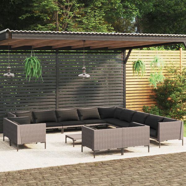 vidaXL 14-tlg. Garten-Lounge-Set mit Kissen Poly Rattan Dunkelgrau
