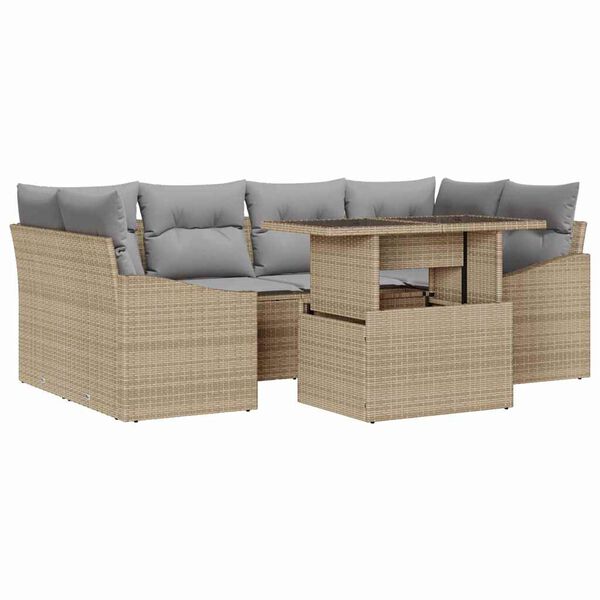vidaXL Garten-Sofa-Set mit Kissen mit Speicher 7 pcs Beige Poly-Rattan