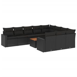 vidaXL 11-tlg. Garten-Sofagarnitur mit Kissen Schwarz Poly Rattan