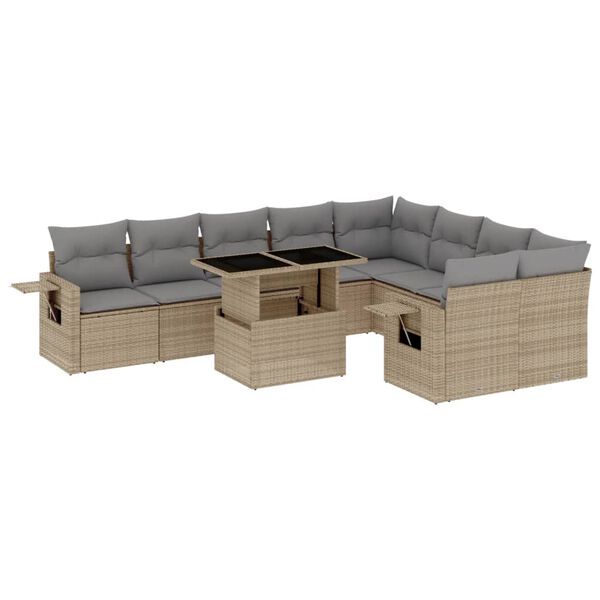 vidaXL 10-tlg. Garten-Sofagarnitur mit Kissen Beige Poly Rattan