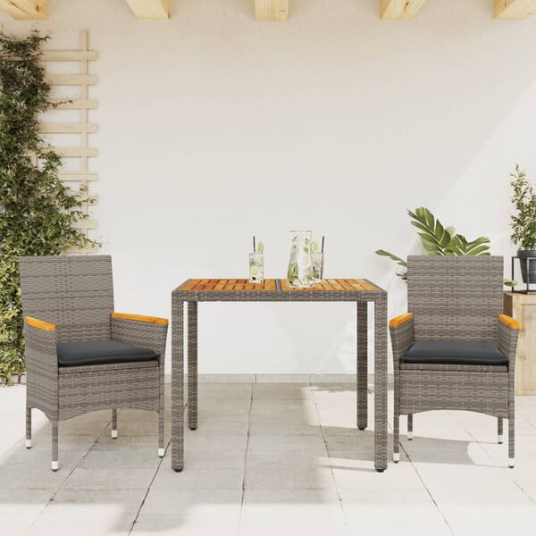 vidaXL 3-tlg. Garten-Essgruppe mit Kissen Grau Poly Rattan Akazie