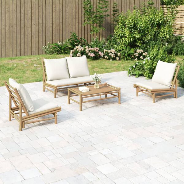 vidaXL 4-tlg. Garten-Lounge-Set mit Cremeweißen Kissen Bambus