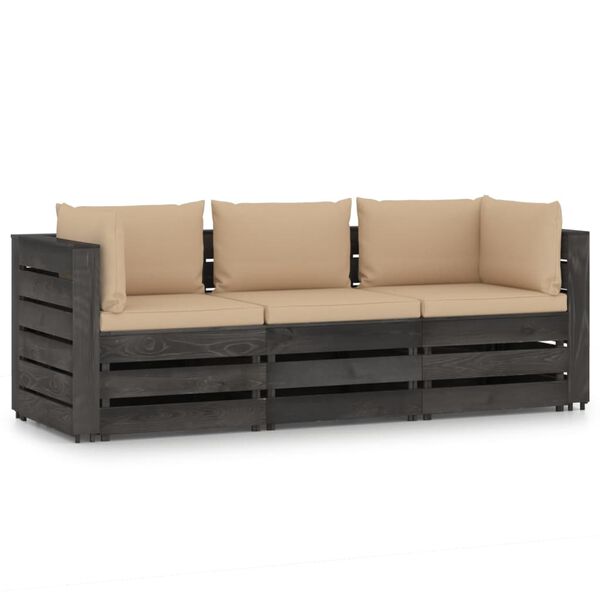 vidaXL 3-Sitzer Outdoor-Sofa mit Kissen Grau Impr&auml;gniertes Kiefernholz