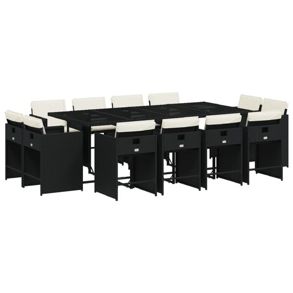 vidaXL 13-tlg. Garten-Essgruppe mit Kissen Schwarz Poly Rattan