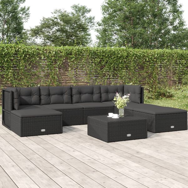 vidaXL 7-tlg. Garten-Lounge-Set mit Kissen Schwarz Poly Rattan