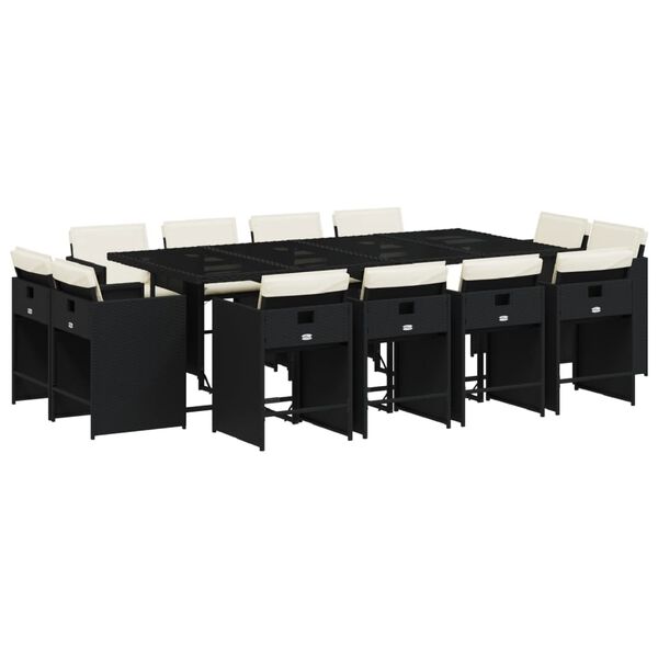 vidaXL 13-tlg. Garten-Essgruppe mit Kissen Schwarz Poly Rattan
