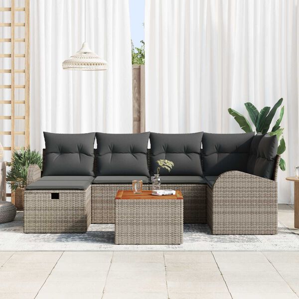 vidaXL Garten-Sofa-Set mit Kissen mit Speicher 7 pcs Grau Poly Rattan