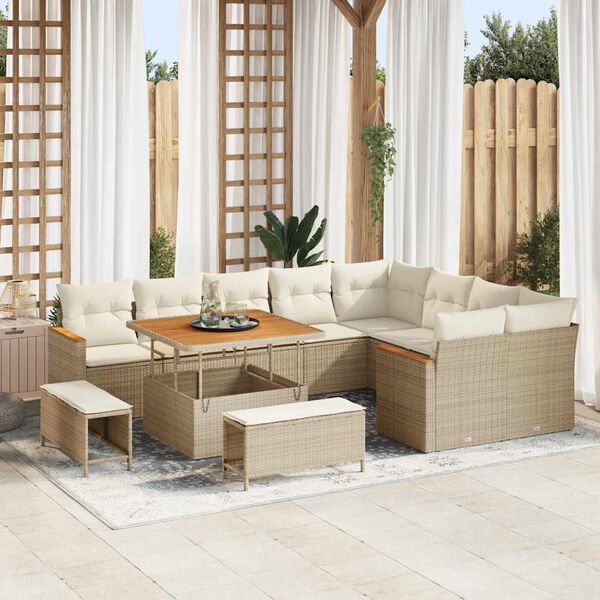 vidaXL Gartensofa-set mit Kissen mit Speicher 12 pcs Beige Poly Rattan