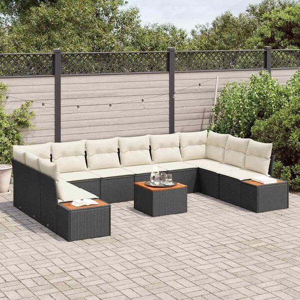 vidaXL Garten-Sofa-Set mit Kissen 11 pcs Schwarz und Creme Poly Rattan
