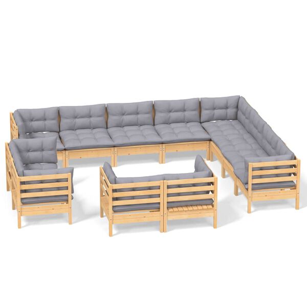 vidaXL 12-tlg. Garten-Lounge-Set mit Grauen Kissen Massivholz Kiefer