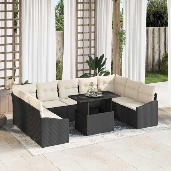 vidaXL Garten-Sofa-Set mit Kissen mit Kissen 10 pcs Schwarz und Creme