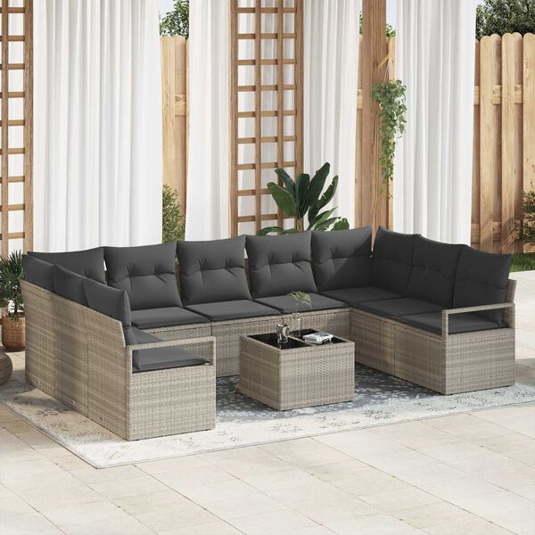 vidaXL Sofa Set mit Kissen mit Speicher 10 pcs Hellgrau Poly-Rattan