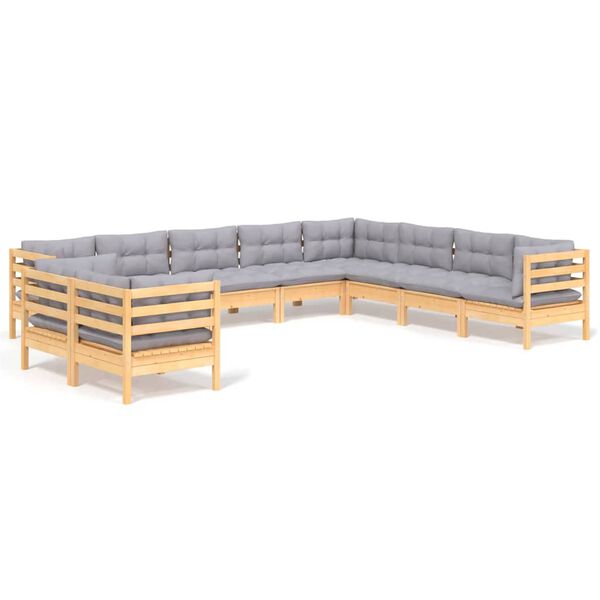 vidaXL 10-tlg. Garten-Lounge-Set mit Grauen Kissen Massivholz Kiefer