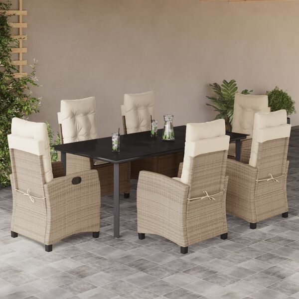 vidaXL 7-tlg. Garten-Essgruppe mit Kissen Beige Poly Rattan