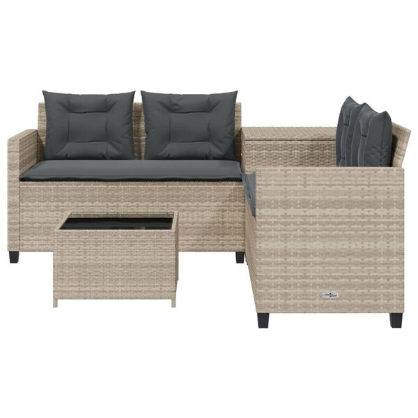 vidaXL Gartensofa in L-Form mit Tisch und Kissen Hellgrau Poly Rattan