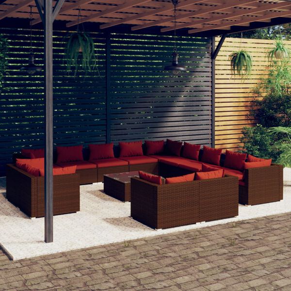 vidaXL 14-tlg. Garten-Lounge-Set mit Kissen Braun Poly Rattan