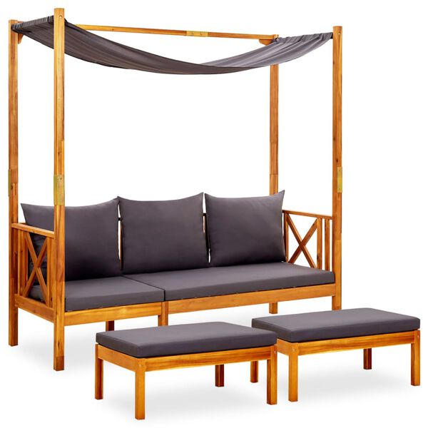vidaXL Gartenbank mit Sonnendach und Fußhockern Massivholz Akazie