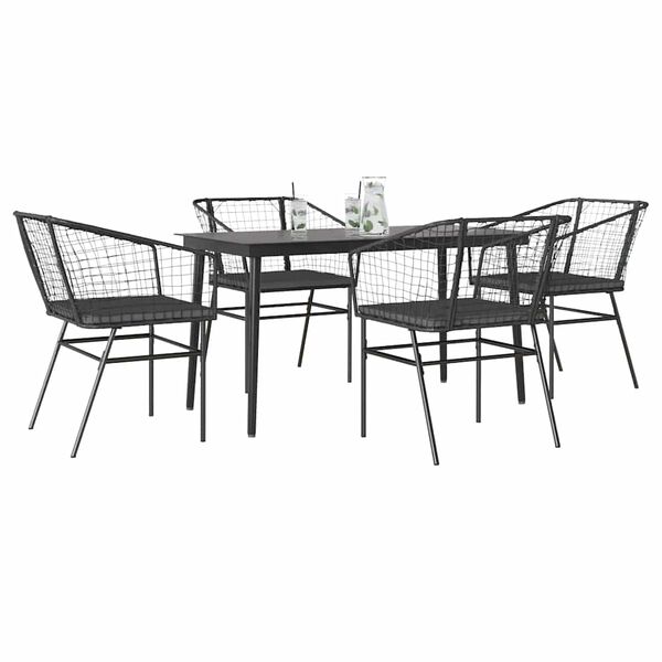 vidaXL 5-tlg. Garten-Essgruppe mit Kissen Schwarz Poly Rattan Glas
