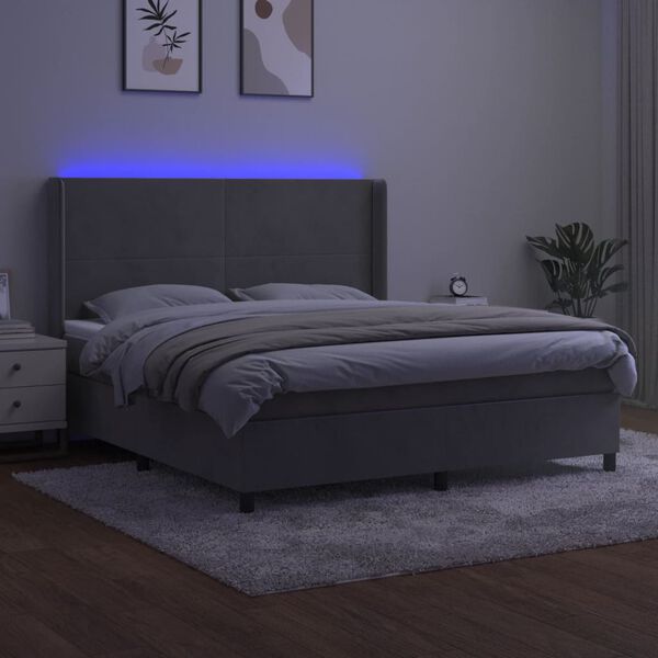 vidaXL Boxspringbett mit Matratze & LED Hellgrau 160x200 cm Samt