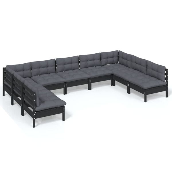 vidaXL 9-tlg. Garten-Lounge-Set mit Kissen Schwarz Massivholz Kiefer