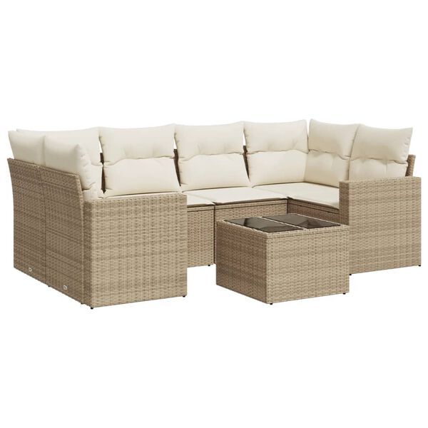 vidaXL 7-tlg. Garten-Sofagarnitur mit Kissen Beige Poly Rattan