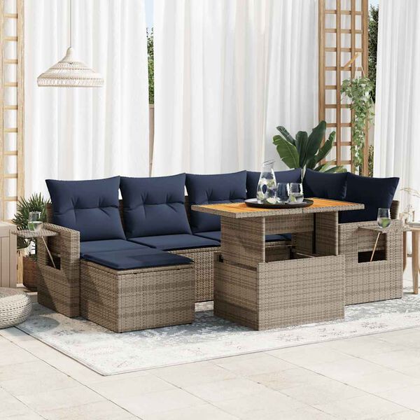 vidaXL 7-tlg. Garten-Sofagarnitur mit Kissen Grau Poly Rattan