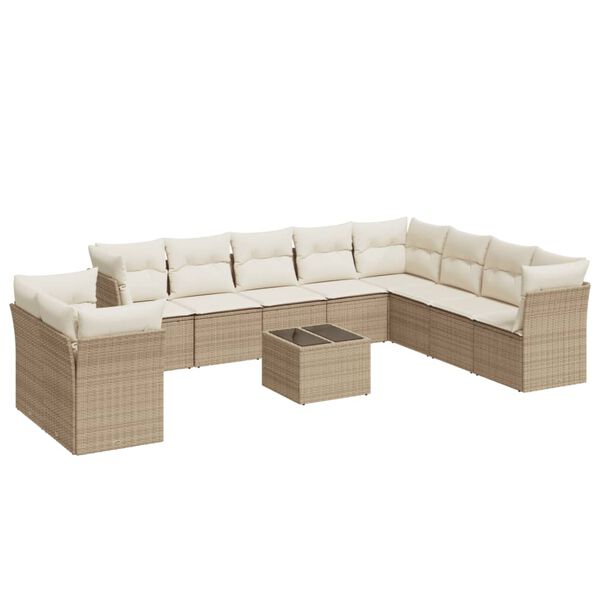 vidaXL 11-tlg. Garten-Sofagarnitur mit Kissen Beige Poly Rattan