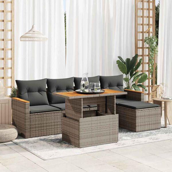 vidaXL 6-tlg. Garten-Sofagarnitur mit Kissen Grau Poly Rattan Akazie