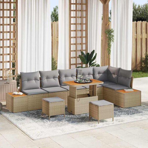 vidaXL Gartensofa-set mit Kissen mit Speicher 9 pcs Beige Poly Rattan